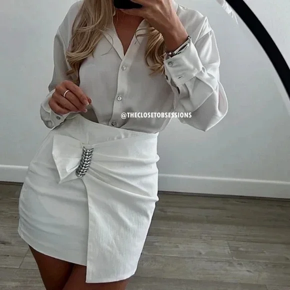 ZARA High-Waisted Oyster White Mini Skirt NWT Pearl Buckle M - Picture 11 of 16